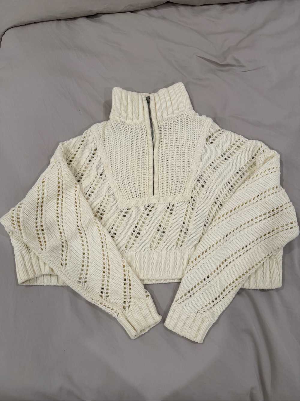 STAUD Cream Open-Knit Half-Zip Turtleneck Sweater